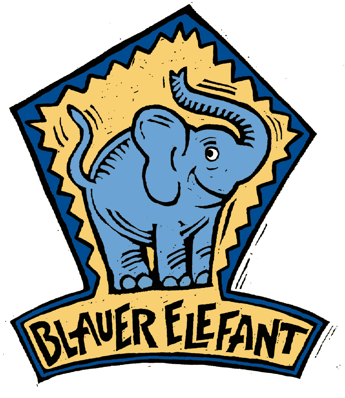 Illustration eines blauen Elefanten mit dem Schriftzug 'Blauer Elefant' darunter.
