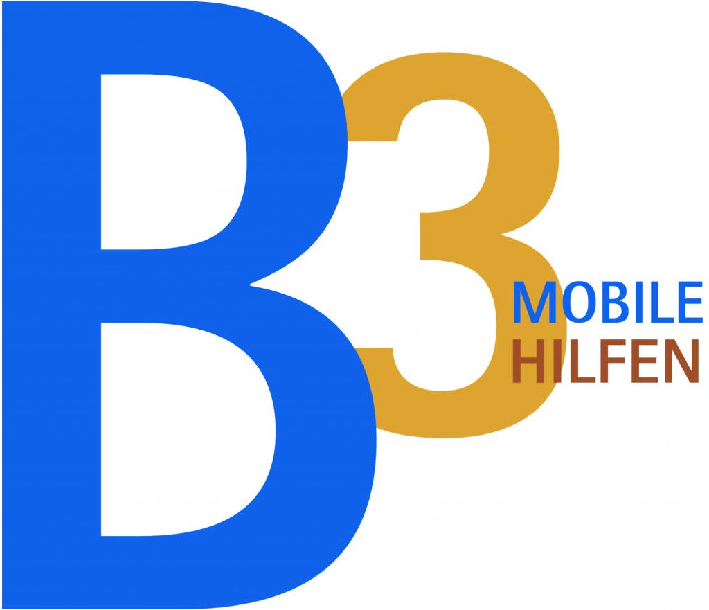 Logo mit dem Text B3 in blauer und goldener Schrift, darunter steht Mobile Hilfen in brauner Schrift.