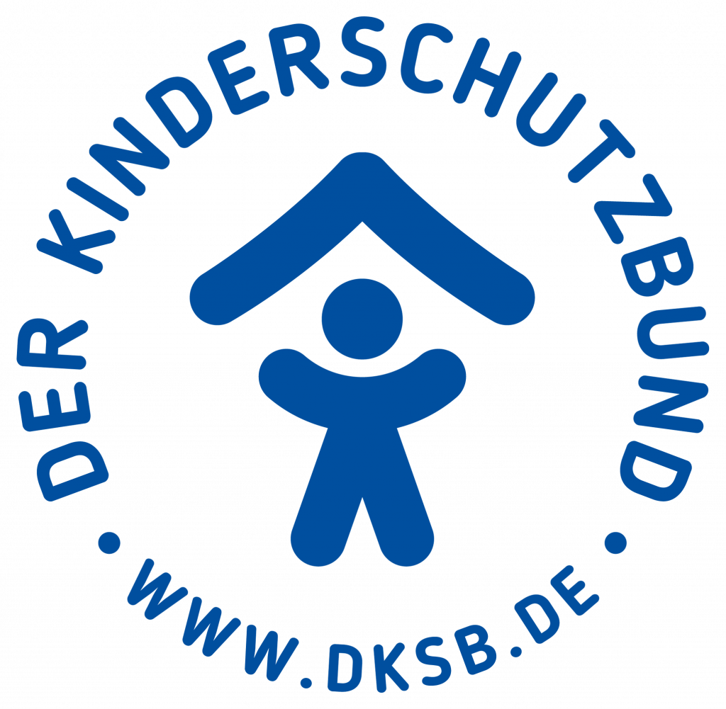 Logo des Kinderschutzbundes in blauer Farbe mit einem stilisierten Kind und einem Dachsymbol.