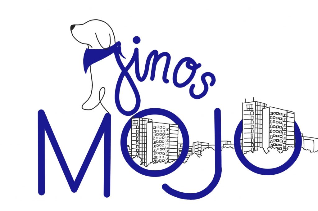 Logo von Jinos MoJo mit einem Hund und einer stilisierten Stadtansicht in blauer Schrift.