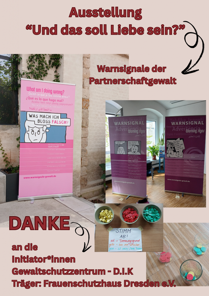 Banner mit Informationen zur Ausstellung über Partnerschaftsgewalt und Dank an die Initiatoren.