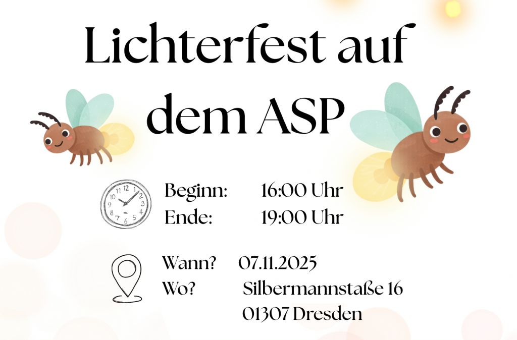 Ein Flyer für das Lichterfest auf dem ASP mit Illustrationen von zwei Bienen und Veranstaltungshinweisen.
