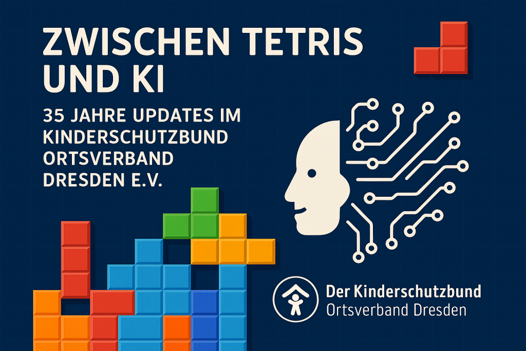 Grafik mit Tetris-Elementen und einem stilisierten Kopf mit Schaltkreisen, das Thema Technologie und Kinderschutz darstellt.