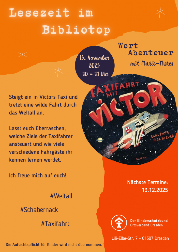 Ein Plakat für eine Lesung im Bibliotop mit einem Taxi und dem Titel 'Taxi fährt mit Victor'.