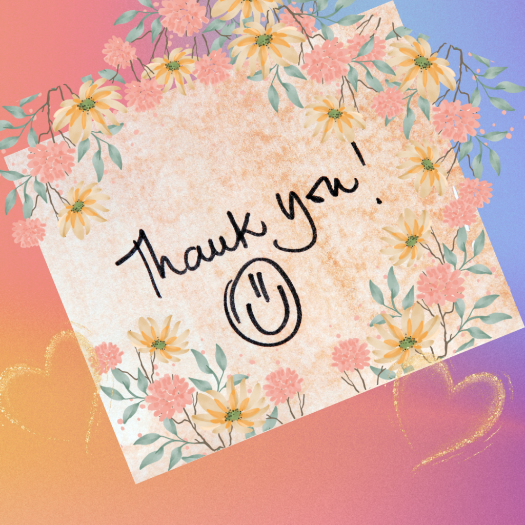 Bunte Dankeskarte mit Blumenmotiven und der Aufschrift 'Thank you!' in geschwungener Schrift.