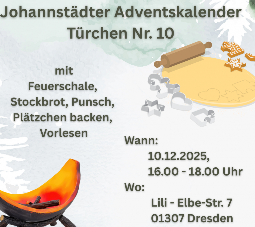 Adventskalender-Event mit Feuerschale, Stockbrot, Punsch und Plätzchenbacken in Dresden am 10. Dezember 2025.