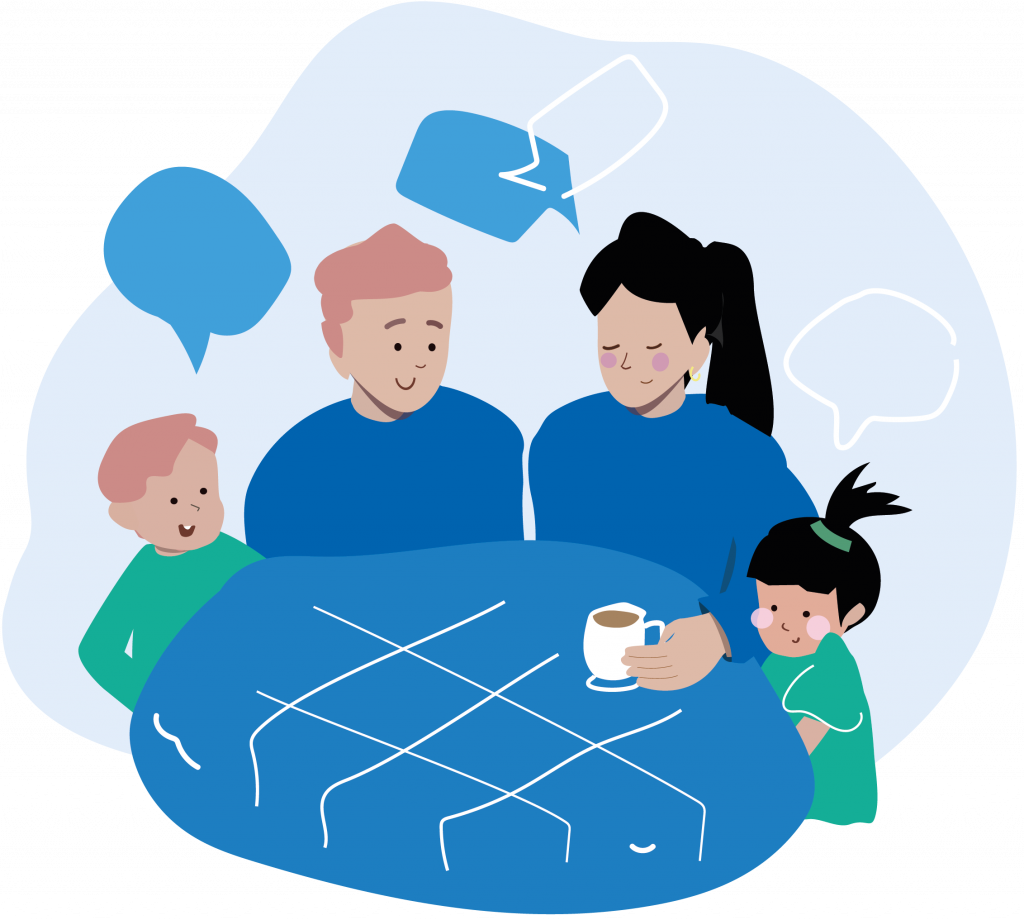 Bei einer Familienkonferenz sitzen Kinder und Erwachsene in einem Gesprächskreis, blaues Design mit Sprechblasen, Symbolen für Unterstützung und gewaltfreie Erziehung.