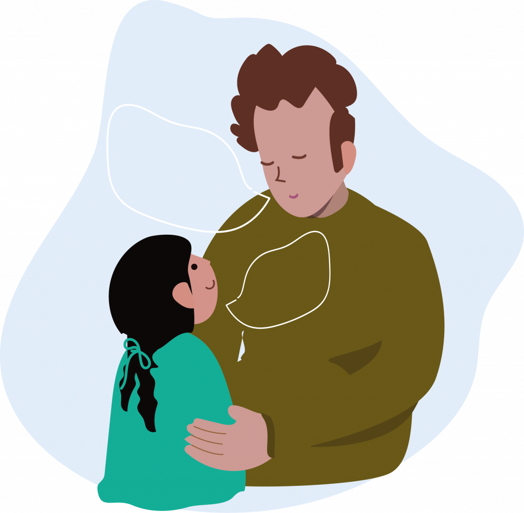 Illustration eines Erwachsenen und eines Kindes, die sich auf Augenhöhe begegnen und sich eng aneinanderlehnen, passend zum Thema Kinder- und Jugendhilfe.
