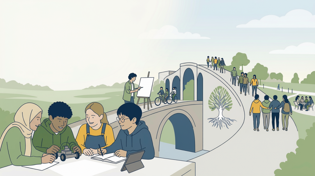 Kinder und Jugendliche lernen gemeinsam an einem Tisch, während eine Brücke mit vielen Menschen Zukunftschancen symbolisiert.